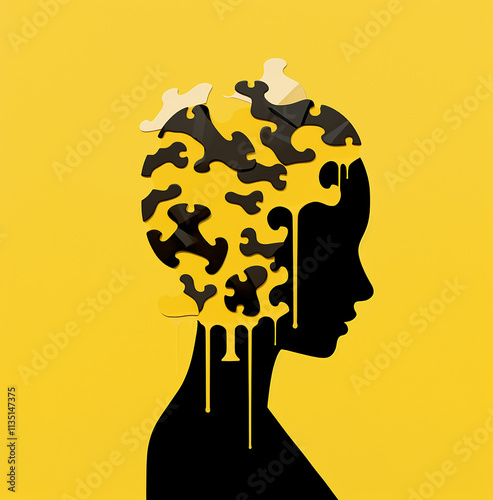 Woman standing inside body with puzzle piece, minimalist cartoon style, yellow and black, honey core, capturing moments, vivid illustrations.