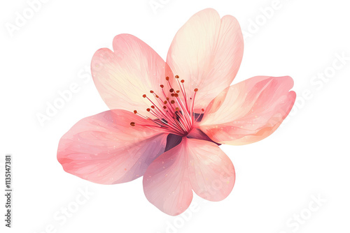 A delicate pink blossom with five petals, showcasing intricate details and dark stamens at its center.