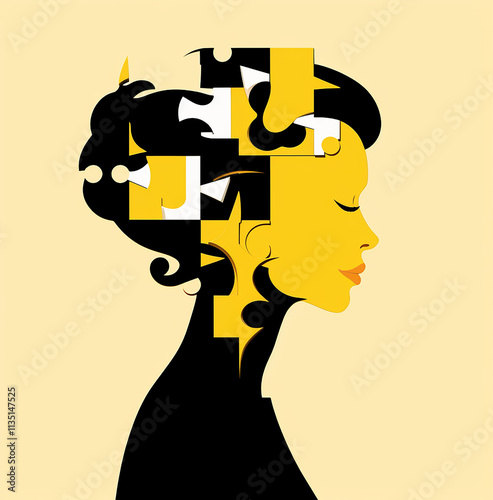 Woman standing inside body with puzzle piece, minimalist cartoon style, yellow and black, honey core, capturing moments, vivid illustrations.