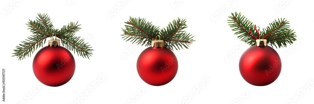 Set of A single glossy red Christmas ornament with a reflective surface on transparent png background Set of A single glossy red Christmas ornament with a reflective surface on transparent png background