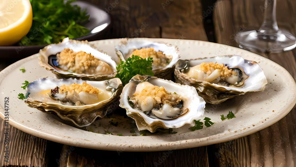 detailed close-up image of a plate of baked oysters detailed close-up image of a plate of baked oysters