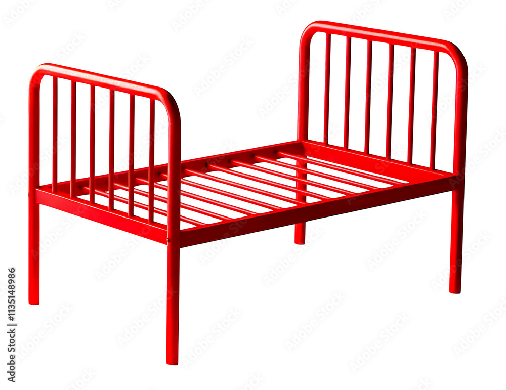 A classic red iron bed with intricate metalwork, featuring a sturdy frame and elegant design A classic red iron bed with intricate metalwork, featuring a sturdy frame and elegant design
