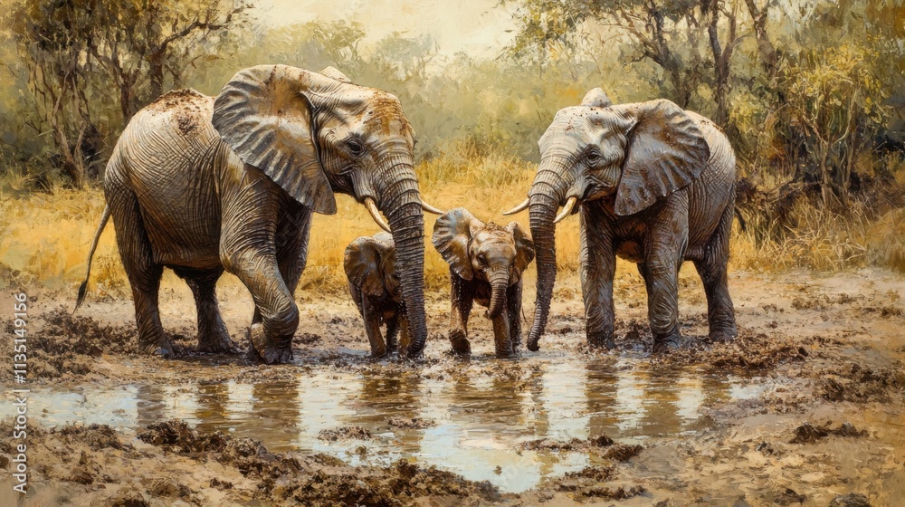 Fototapeta premium African elephant family bathing in muddy watering hole with trees