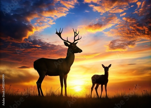 Silhouette of a Majestic Deer and Doe Against a Vibrant Sunset, Capturing the Essence of Nature's Beauty in Portrait Photography photo