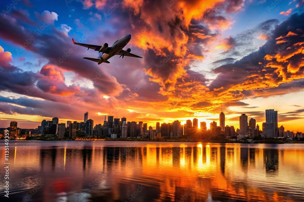 Silhouette of an Aeroplane Flying Over the Scenic Cityscape of Vancouver at Sunset, Capturing the Beauty of Urban Landscapes and Aviation in Perfect Harmony Silhouette of an Aeroplane Flying Over the Scenic Cityscape of Vancouver at Sunset, Capturing the Beauty of Urban Landscapes and Aviation in Perfect Harmony