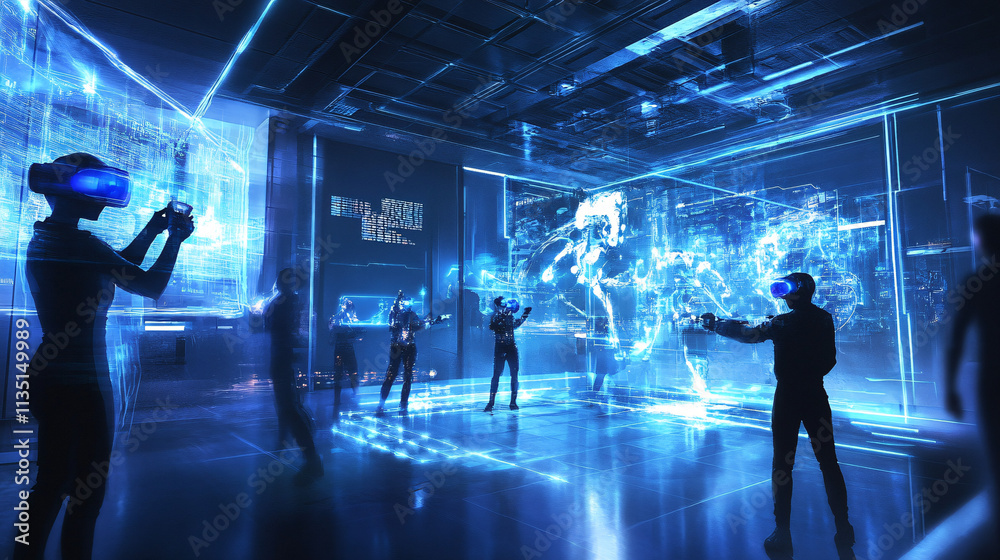 A high-tech virtual reality gaming arena, with players battling holographic monsters in a sleek, futuristic environment. A high-tech virtual reality gaming arena, with players battling holographic monsters in a sleek, futuristic environment.