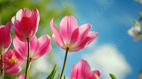 Vibrant tulips bloom against a blue sky, capturing the joy of springtime. Their soft petals sway gently, embodying natures beauty and renewal.