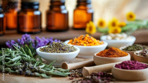 A variety of spices are displayed in white bowls on a wooden table, Rustic kitchen with herbs and spices on a wooden countertop.