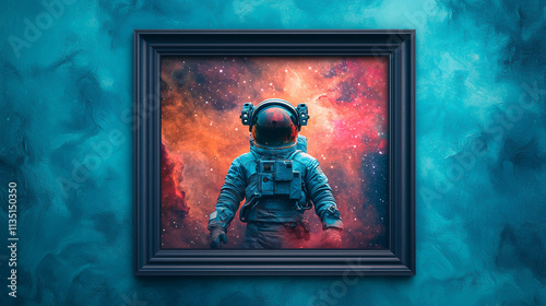 Framed astronaut art on cosmic blue wall. Vibrant space-themed design blending adventure and creativity. photo