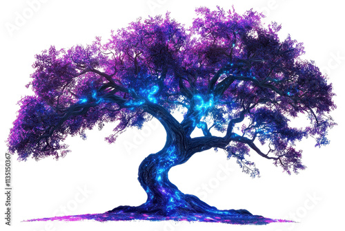 A vibrant, fantastical tree features rich purple foliage illuminated by glowing blue accents.