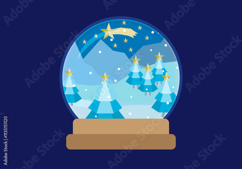 Bola de cristal con paisaje nevado, pinos y montañas