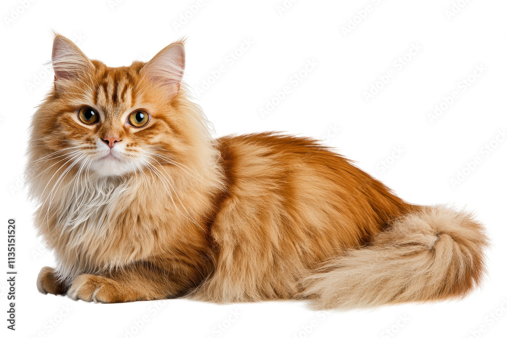 Fototapeta premium A fluffy orange cat with striking eyes lounges gracefully.