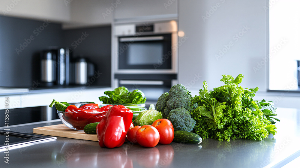 A modern kitchen interior with clean, minimalist design, featuring stainless steel appliances and fresh vegetables on the counter. 