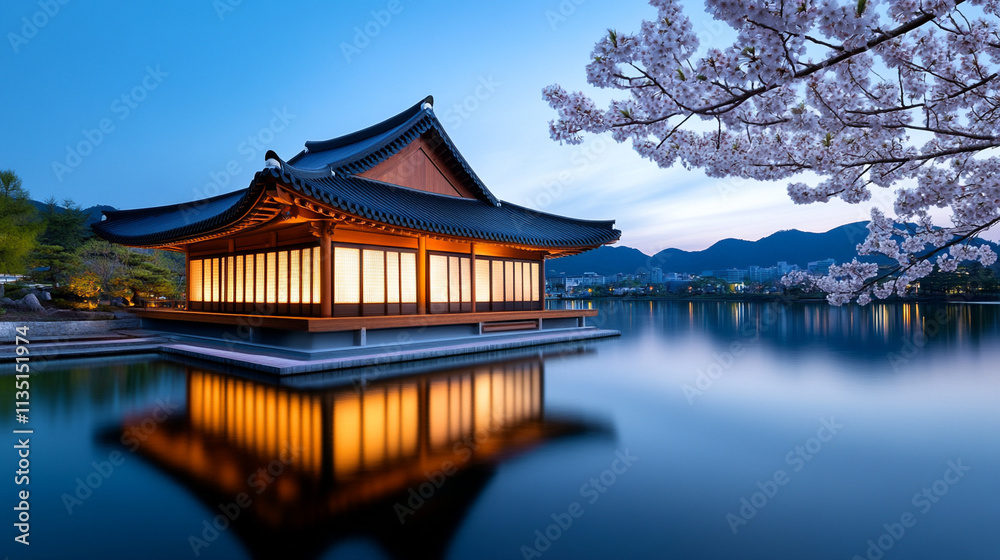Serene traditional house by a lake with cherry blossoms at twilight, reflecting cultural elegance and tranquility. Serene traditional house by a lake with cherry blossoms at twilight, reflecting cultural elegance and tranquility.