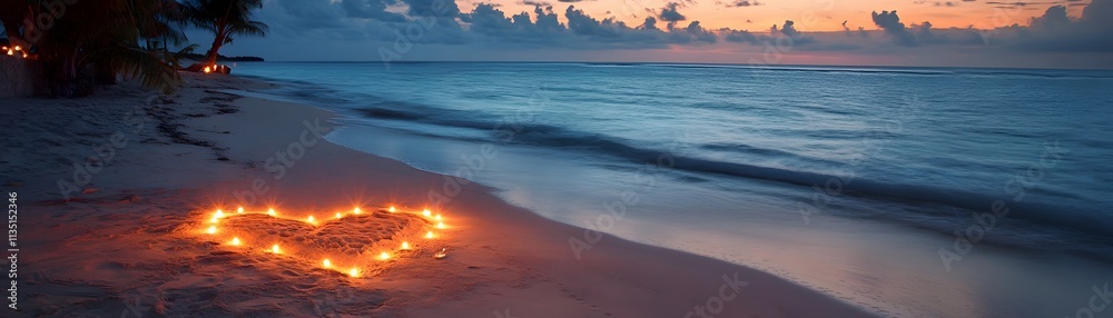 Obraz premium A serene beach scene at sunset, featuring a glowing heart made of candles on the sand. The calm waves and colorful sky create a romantic and peaceful atmosphere.