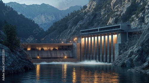 Hydroelectric Poetic Landscape: Functional Art of a Dam with Flowing Water, Illuminated Structure, and Mountainous Backdrop in Photorealistic Detail. photo