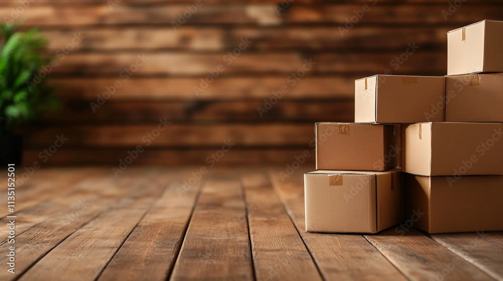 Obraz premium Stacked cardboard boxes on wooden floor in warehouse setting, symbolizing logistics and storage solutions.