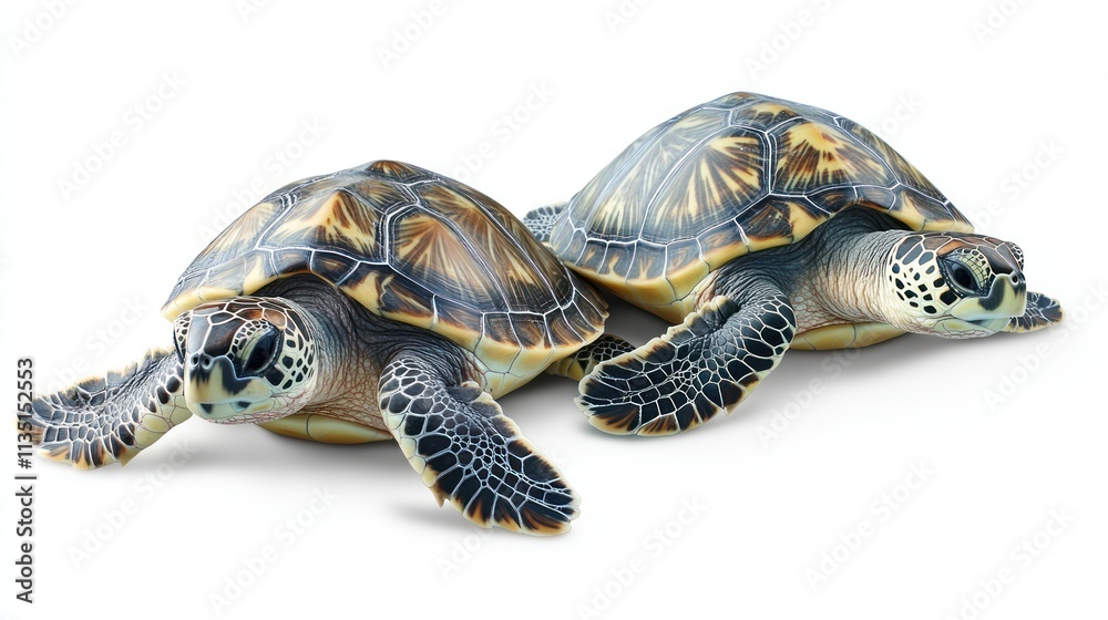 Obraz premium Two realistic sea turtles resting side by side on a white background.