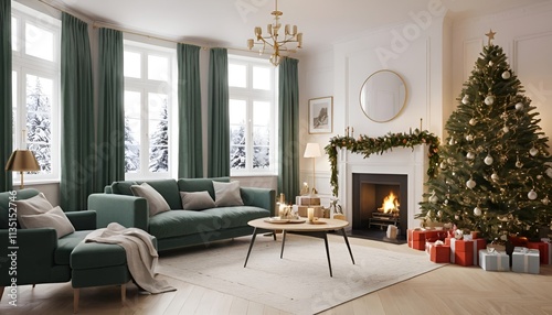 A luxurious living room decorated for Christmas. The room has a high ceiling with a chandelier hanging from it.