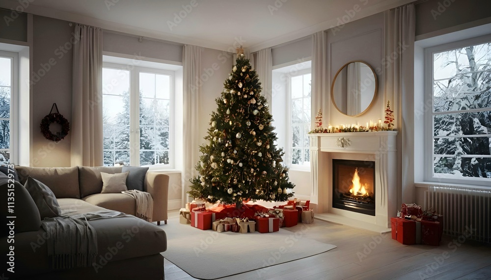 a luxurious living room decorated for Christmas. The room has a high ceiling with a chandelier hanging from it. a luxurious living room decorated for Christmas. The room has a high ceiling with a chandelier hanging from it.