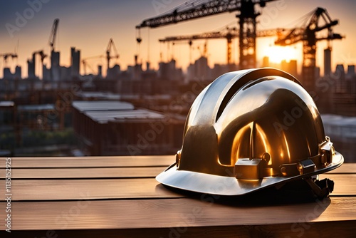 Beautiful image of an engineering helmet at sunset, civil construction