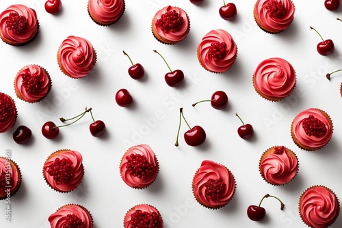 A pattern of pink frosted cupcakes and cherries on a white background photo