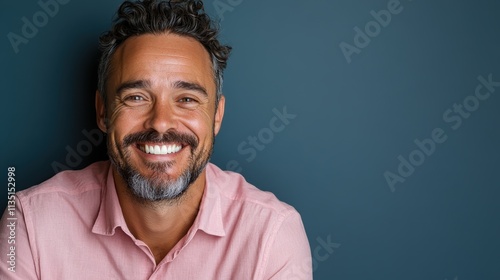 A cheerful man with curly hair and a broad smile looks radiant in a pink shirt, set against a teal backdrop, capturing a mood of positivity and approachability.