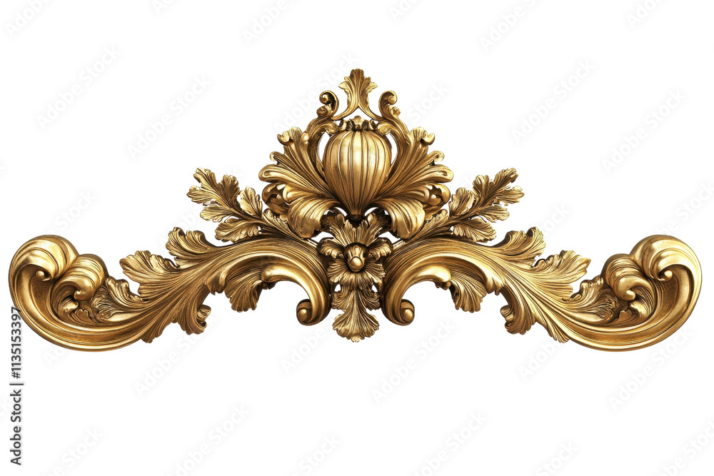 An ornate golden decorative element featuring intricate floral patterns and a central shell motif. An ornate golden decorative element featuring intricate floral patterns and a central shell motif.