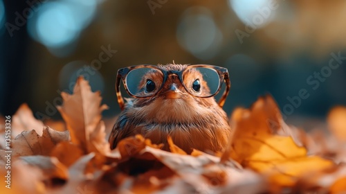 An adorable owl wearing large frames sits among autumn leaves, blending whimsical charm and a touch of humor in a warm and inviting natural setting. photo