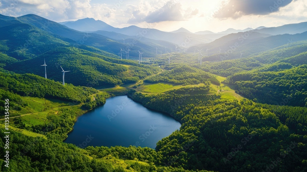 Serene Aerial View of Lush Green Mountains and Tranquil Lake