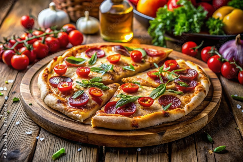 Sliced Pizza on a Wooden Cutting Board - Perfectly Captured Fashion Photography for Food Enthusiasts and Culinary Experts Sliced Pizza on a Wooden Cutting Board - Perfectly Captured Fashion Photography for Food Enthusiasts and Culinary Experts