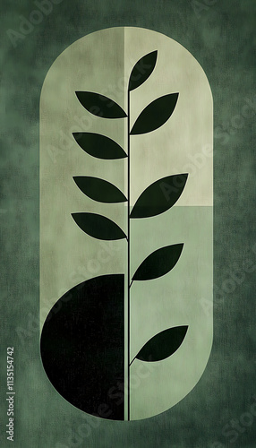 Sage green print with Bauhausinspired design featuring simple shapes and botanical elements emphasizing functionality and minimalism high resolution elegant and mod photo