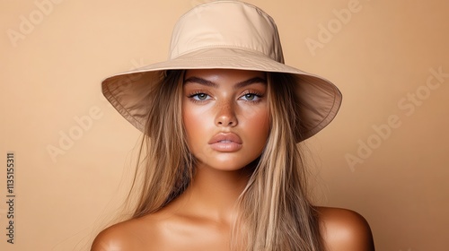 A serene young woman, blonde and full-lipped, wearing a beige bucket hat, embodies a sense of calm and contemporary fashion in an effortlessly stylish pose.