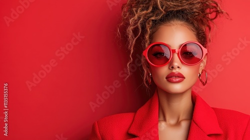 A fashionable woman with curly hair, bold red sunglasses, and a red coat poses against a vivid red backdrop, embodying confidence and contemporary style.