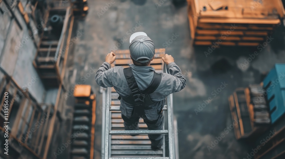 Worker on a ladder in an industrial setting, focused on tasks below. Worker on a ladder in an industrial setting, focused on tasks below.