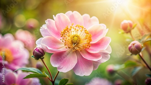 Soft Pink Flower Blooming in Elegance with Delicate Stamens, Capturing the Essence of Spring and Summer in a Beautiful Flat Design Aesthetic for Nature Lovers
