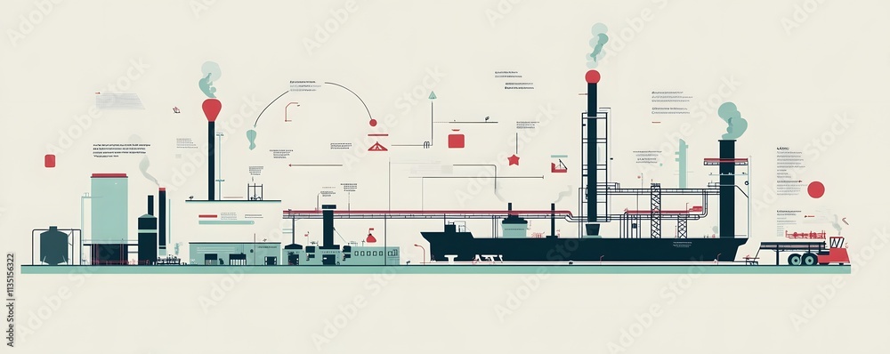 Obraz premium An informative illustration of an industrial landscape featuring factories, smokestacks, and machinery, showcasing modern manufacturing processes and the complexity of industrial o