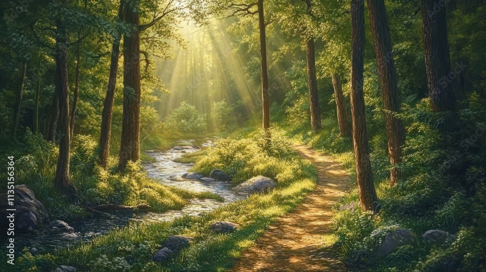 Peaceful cinematic scene of a dense forest with a sunlit trail winding by a gentle creek Peaceful cinematic scene of a dense forest with a sunlit trail winding by a gentle creek