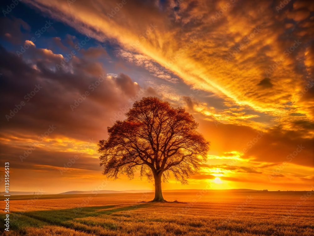 Solitary Tree on Golden Field at Sunset: A Majestic Silhouette in Nature's Embrace Capturing the Essence of Serenity and Isolation Amidst the Radiant Landscape Solitary Tree on Golden Field at Sunset: A Majestic Silhouette in Nature's Embrace Capturing the Essence of Serenity and Isolation Amidst the Radiant Landscape