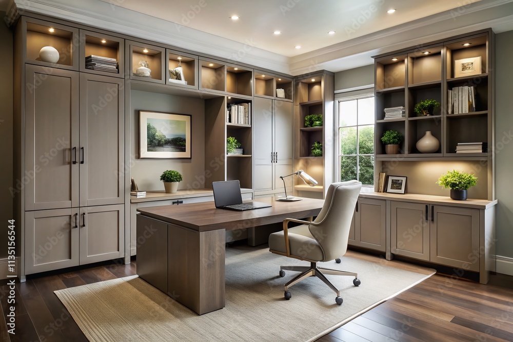 Sophisticated Home Office Redesign Featuring Built-In Desk, Custom Cabinetry, and a Feature Wall Perfect for Video Calls in a Minimalist Style