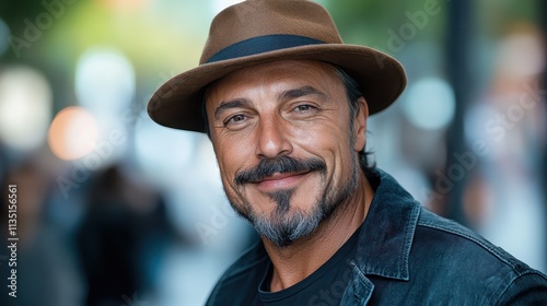 A middle-aged man with a stylish hat smiles charmingly while standing against an urban backdrop with blurred lights and people in the distance.