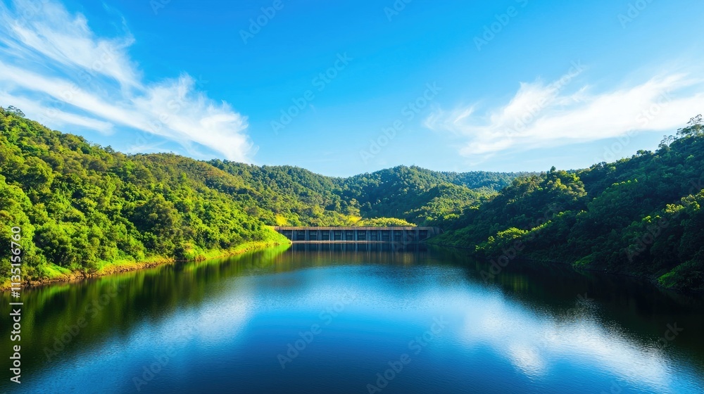 Serene Lake View Surrounded by Lush Green Mountains and Blue Sky Serene Lake View Surrounded by Lush Green Mountains and Blue Sky