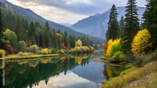 Serene Mountain Landscape with a Calm River and Autumn Colors