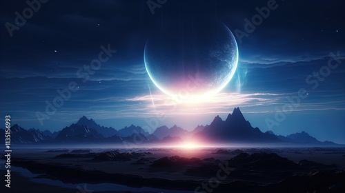 A panoramic view of an otherworldly landscape, featuring towering mountains illuminated by a luminous planet in the sky. The scene depicts a mystical horizon with a vibrant atmosphere, showcasing hues