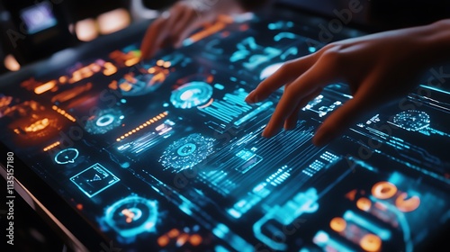 Futuristic Interface: Hands Interacting with a Holographic Display