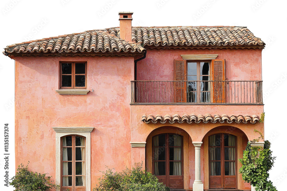 A charming pink stucco house with arched windows, wooden shutters, and a tiled roof, showcasing Mediterranean architectural style. A charming pink stucco house with arched windows, wooden shutters, and a tiled roof, showcasing Mediterranean architectural style.