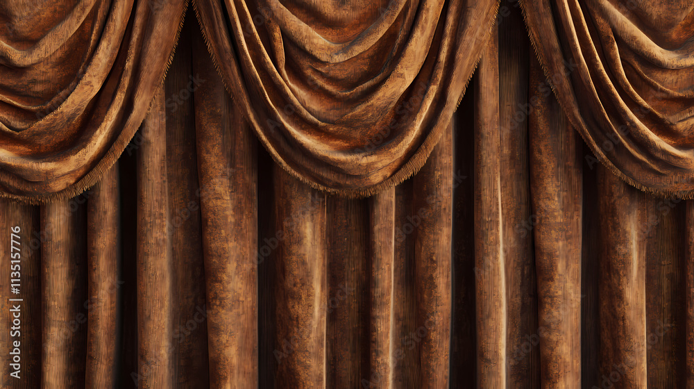 Naklejka premium A cinematic shot of brown velvet curtains on black background. Velvet. Illustration