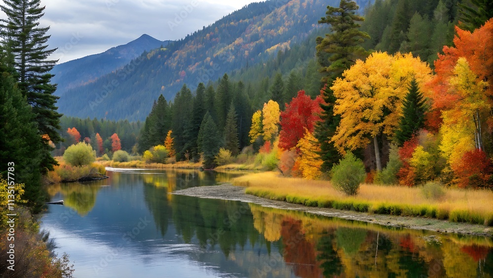 Serene Mountain Landscape with a Calm River and Autumn Colors
