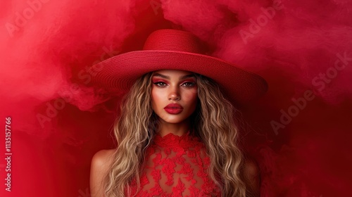 An elegant woman, wearing a red lace dress and hat, stands amidst a misty red backdrop, creating an enigmatic and captivating visual experience. photo