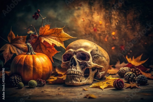 Spooky Halloween Skull on Grainy Vintage Background Capturing the Essence of Autumn Festivities and Eerie Atmosphere for Seasonal Decor and Celebrations